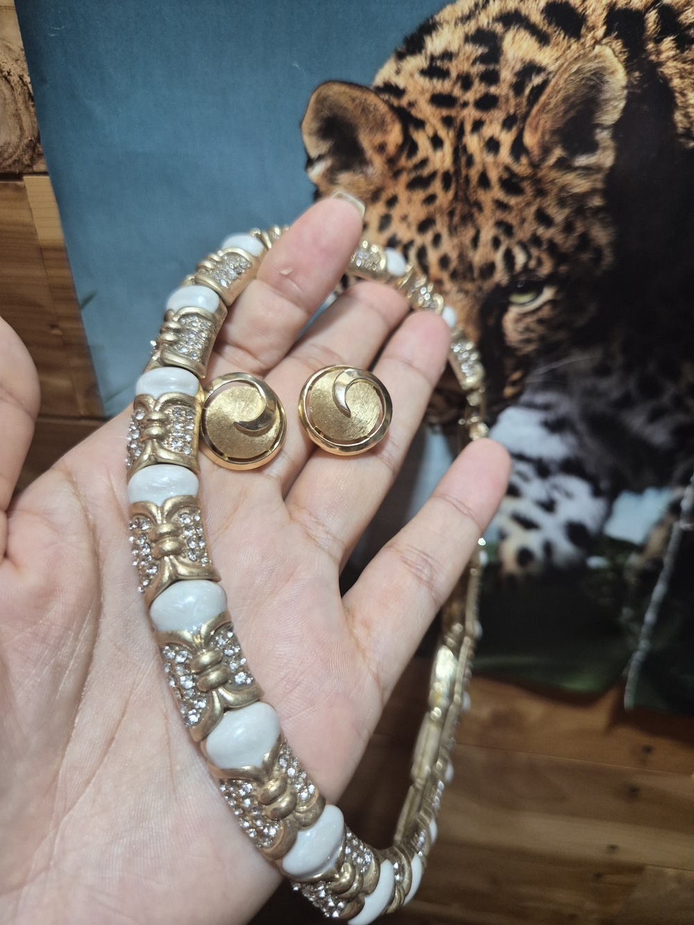 Gold Brass Necklace and Clip-On Earrings in Cream
